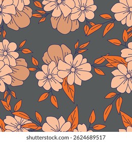 Seamless pattern with artistic meadow, decorative flowers, leaves in rustic style. Floral print, botanical background with pretty hand drawn plants. Elegant design for fabric, wrapping paper. Vector