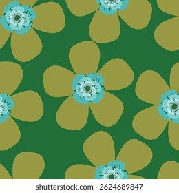 Seamless pattern with artistic meadow, decorative flowers, leaves in rustic style. Floral print, botanical background with pretty hand drawn plants. Elegant design for fabric, wrapping paper. Vector