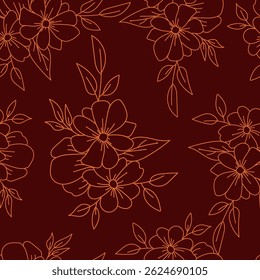 Seamless pattern with artistic meadow, decorative flowers, leaves in rustic style. Floral print, botanical background with pretty hand drawn plants. Elegant design for fabric, wrapping paper. Vector
