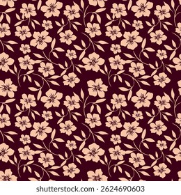Seamless pattern with artistic meadow, decorative flowers, leaves in rustic style. Floral print, botanical background with pretty hand drawn plants. Elegant design for fabric, wrapping paper. Vector