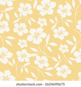Seamless pattern with artistic meadow, decorative flowers, leaves in rustic style. Floral print, botanical background with pretty hand drawn plants. Elegant design for fabric, wrapping paper. Vector