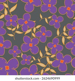 Seamless pattern with artistic meadow, decorative flowers, leaves in rustic style. Floral print, botanical background with pretty hand drawn plants. Elegant design for fabric, wrapping paper. Vector
