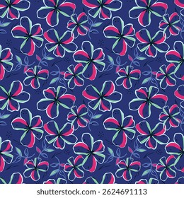 Seamless pattern with artistic meadow, decorative flowers, leaves in rustic style. Floral print, botanical background with pretty hand drawn plants. Elegant design for fabric, wrapping paper. Vector