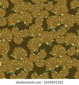 Seamless pattern with artistic meadow, decorative flowers, leaves in rustic style. Floral print, botanical background with pretty hand drawn plants. Elegant design for fabric, wrapping paper. Vector