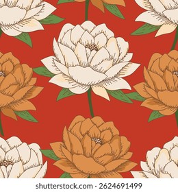 Seamless pattern with artistic meadow, decorative flowers, leaves in rustic style. Floral print, botanical background with pretty hand drawn plants. Elegant design for fabric, wrapping paper. Vector
