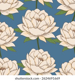 Seamless pattern with artistic meadow, decorative flowers, leaves in rustic style. Floral print, botanical background with pretty hand drawn plants. Elegant design for fabric, wrapping paper. Vector