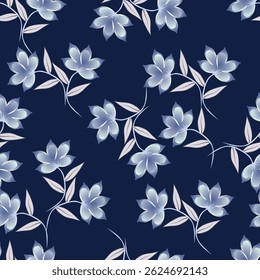 Seamless pattern with artistic meadow, decorative flowers, leaves in rustic style. Floral print, botanical background with pretty hand drawn plants. Elegant design for fabric, wrapping paper. Vector