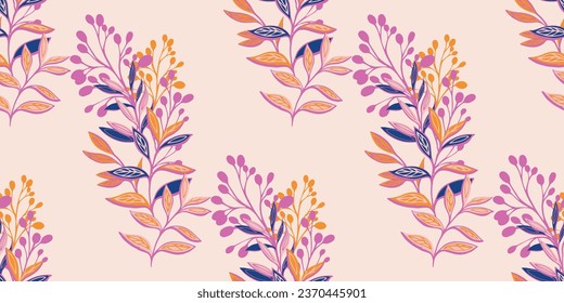 Seamless pattern with artistic, modern, colorful, stylized leaves and branches. Vector hand drawn. Template for design, textile, fashion, surface design, fabric, interior decor, wallpaper