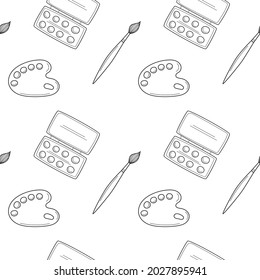 A seamless pattern with artistic objects, a paint brush, a palette, a set of paints. Hand-drawn outline elements. Monochrome design. Black and white vector illustration on a white background