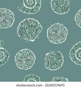 Seamless pattern with artistic shells on green background. Marine themes and natural forms