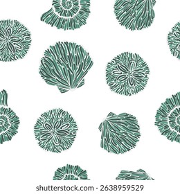 Seamless pattern with artistic shells on white background. Marine themes and natural forms