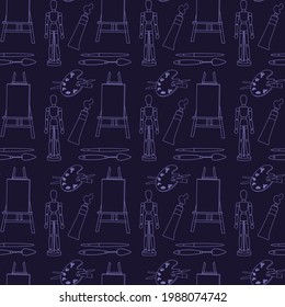 Seamless pattern with artistic tools in a linear style. Outline image of objects to draw in blue on a dark background. Hobby items. Background image or print on textile or paper.