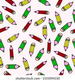 Seamless pattern. Artistic  tools. Set of color pencils by hand