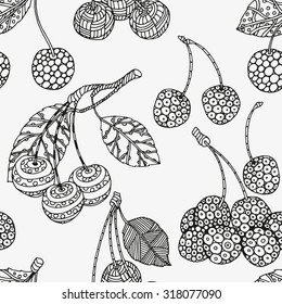 Seamless pattern with artistically cherries. Hand-drawn, ethnic, floral, retro, doodle, vector, zentangle, tribal design element.  Black and white  background. Made by trace from sketch.