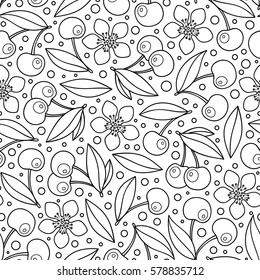 Seamless pattern with artistically cherries. Hand-drawn, ethnic, floral, retro, doodle, vector, zentangle, tribal design element. Black and white background. Made by trace from sketch.