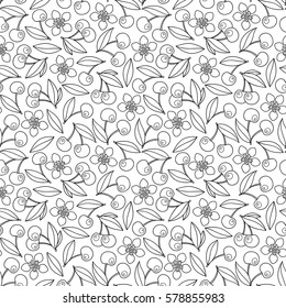 Seamless pattern with artistically cherries. Hand-drawn, ethnic, floral, retro, doodle, vector, zentangle, tribal design element. Black and white background. Made by trace from sketch.