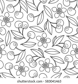 Seamless pattern with artistically cherries. Hand-drawn, ethnic, floral, retro, doodle, vector, zentangle, tribal design element. Black and white background. Made by trace from sketch.