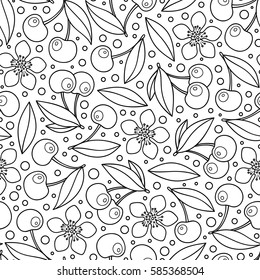 Seamless pattern with artistically cherries. Hand-drawn, ethnic, floral, retro, doodle, vector, zentangle, tribal design element. Black and white background. Made by trace from sketch.