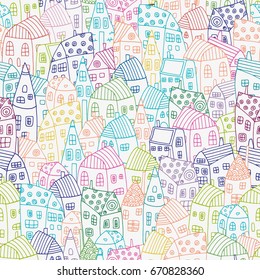 Seamless Pattern with artistically Colored houses. Street background in vector. Doodle style.
