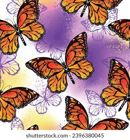 Patrón sin foco de mariposas monarcas anaranjadas, dibujadas de forma artística, sobre fondo violeta salpicado de color violeta y amarillo. Mariposa monarca. Arte vector dibujado a mano.