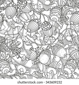 Seamless pattern with  artistically hand drawn acorns and oak leaves  in vector. Ethnic, floral, doodle, zentangle, tribal design elements.  Black and white. Made by trace from sketch.