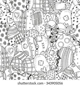 Seamless pattern with artistically hand drawn hearts. Valentines day background. Pattern for coloring book. Vector, doodle, zentangle, henna design elements.  Black and white Made by trace from sketch