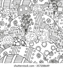Seamless pattern with artistically houses and cars. Magic City, fields, landscape.  Pattern for coloring book. Made by trace from sketch. Ink pen. Zentangle. Black and white pattern in vector.