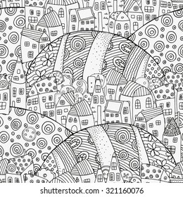 Seamless pattern with artistically houses. Magic City, fields, landscape. Pattern for coloring book. Made by trace from sketch. Ink pen. Zentangle. Black and white pattern in vector.