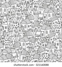 Seamless pattern with artistically houses. Magic City. Street background. Pattern for coloring book. Made by trace from sketch. Ink pen. Zentangle. Black and white pattern in vector.