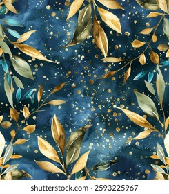 Seamless pattern artwork of an intricate design with elegant leaves in varying shades, complemented by golden accents and a rich blue background, perfect for creative projects