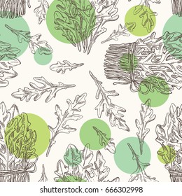 Seamless pattern with arugula and bunch of arugula.  Vector hand drawn illustration
