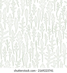 Seamless pattern of arugula lettuce leaves. linear drawing. on white background. botanical illustration. plant with elegant leaves. healthy eating