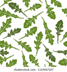  Seamless pattern with arugula on a white background. Hand-drawn floral and food background. Monochrome vector illustration.