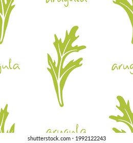 Patrón inmaculado con arugula, roqueta, ensalada de cohetes. El papel colorido cortó las hierbas culinarias aisladas de fondo blanco. Ilustración vectorial dibujada a mano de Doodle