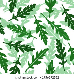 Seamless pattern arugula salad. Vector background with leaves isolated on white fon. Healthy food concept