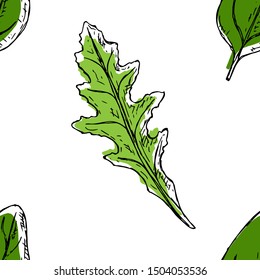 Seamless pattern of arugula and spinach. Vector cartoon background. Hand-drawn style.