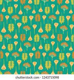 Seamless pattern with ashberry leaves, viburnum berries and lotus pods on dark background. Green, yellow, orange colors. Repeat botanical pattern. Vector illustration.