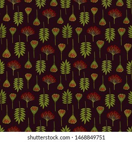 Seamless pattern with ashberry leaves, viburnum berries and lotus pods. Repeat botanical pattern. Vector illustration.