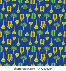 Seamless pattern with ashberry leaves, viburnum berries and lotus pods. Repeat botanical pattern. Vector illustration.