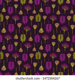 Seamless pattern with ashberry leaves, viburnum berries and lotus pods. Repeat botanical pattern. Vector illustration.