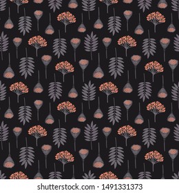 Seamless pattern with ashberry leaves, viburnum berries and lotus pods. Repeat botanical pattern. Vector illustration.