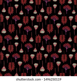 Seamless pattern with ashberry leaves, viburnum berries and lotus pods. Repeat botanical pattern. Vector illustration.