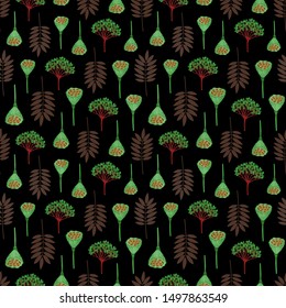 Seamless pattern with ashberry leaves, viburnum berries and lotus pods. Repeat botanical pattern. Vector illustration.