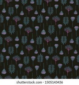 Seamless pattern with ashberry leaves, viburnum berries and lotus pods. Repeat botanical pattern. Vector illustration.