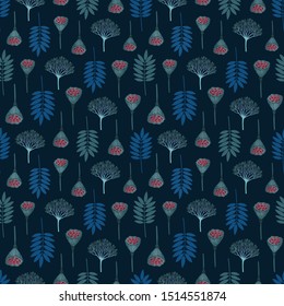 Seamless pattern with ashberry leaves, viburnum berries and lotus pods. Repeat botanical pattern. Vector illustration.