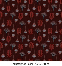 Seamless pattern with ashberry leaves, viburnum berries and lotus pods. Repeat botanical pattern. Vector illustration.