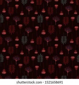 Seamless pattern with ashberry leaves, viburnum berries and lotus pods. Repeat botanical pattern. Vector illustration.