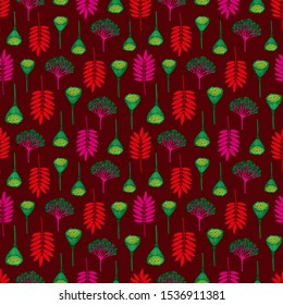 Seamless pattern with ashberry leaves, viburnum berries and lotus pods. Repeat botanical pattern. Vector illustration.