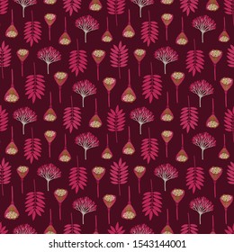 Seamless pattern with ashberry leaves, viburnum berries and lotus pods. Repeat botanical pattern. Vector illustration.