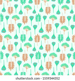 Seamless pattern with ashberry leaves, viburnum berries and lotus pods. Repeat botanical pattern. Vector illustration.
